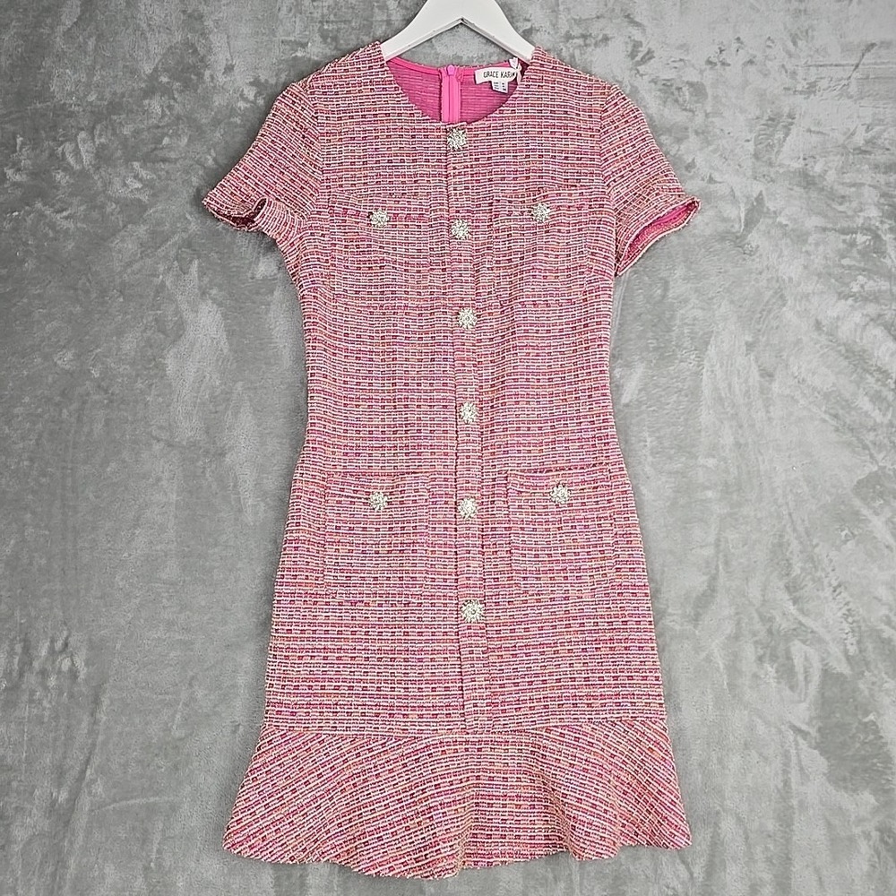 Grace Karin Pink Tweed Pearl Button Short Sleeve Dress